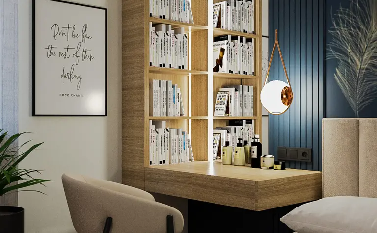 Wnętrze z biurkiem, regałem na książki i roślinami, styl quiet luxury.