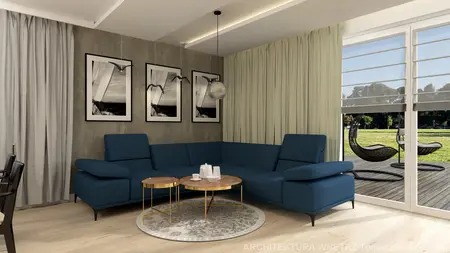 Wnętrze salonu w stylu soft minimalizm z niebieską sofą i drewnianym stołem.