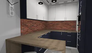 Kuchnia w stylu industrialnym z ceglanym murem i minimalistycznymi meblami.
