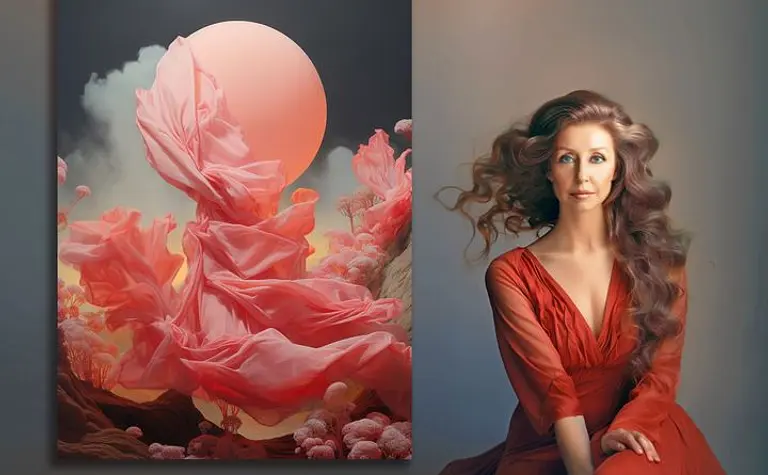 Kobieta w różowej sukni obok obrazu w stylu art deco, glamour i eklektycznym.