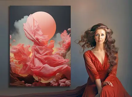 Kobieta w różowej sukni obok obrazu w stylu art deco, glamour i eklektycznym.