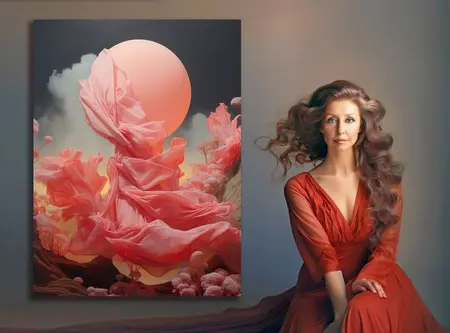 Kobieta w różowej sukni obok obrazu w stylu art deco, glamour i eklektycznym.