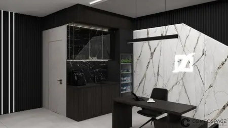 Gabinet z minimalistycznym wystrojem, czarnymi meblami i marmurową ścianą.