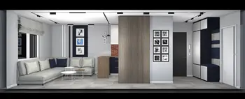 Wnętrze salonu z szarymi ścianami, brązowym drewnem i minimalistycznymi meblami. Styl: art deco, boho, industrialny.