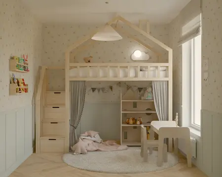 Pokój dziecięcy w stylu japandi z drewnianymi meblami i minimalistycznym wystrojem.