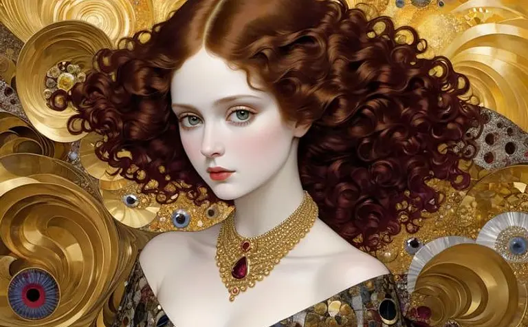 Portret w stylu art deco przedstawiający kobietę z brązowymi włosami i złotym tłem.