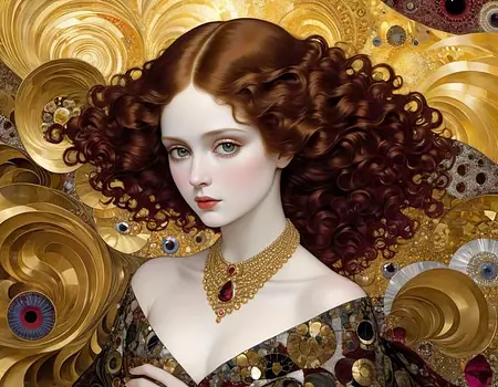 Portret w stylu art deco przedstawiający kobietę z brązowymi włosami i złotym tłem.