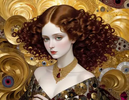 Portret w stylu art deco przedstawiający kobietę z brązowymi włosami i złotym tłem.