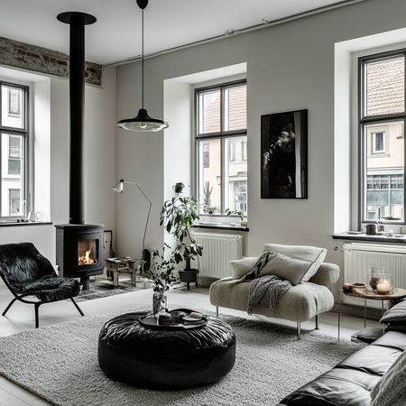 Stylowy salon w stylu skandynawskim z kominkiem, dużymi oknami, jasnymi ścianami, wygodnym fotelem, rośliną i przytulnym dywanem