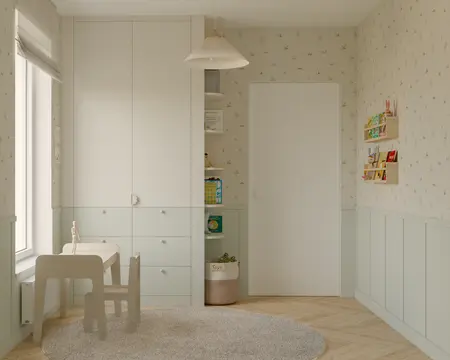 Pokój dziecięcy w stylu eklektycznym z minimalizmem, z jasnymi meblami i dekoracjami.