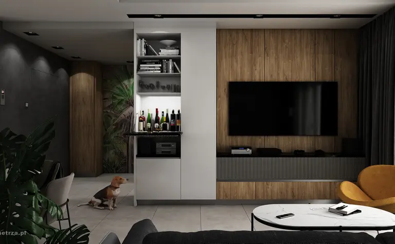 Wnętrze nowoczesnego salonu z drewnianą ścianą i telewizorem