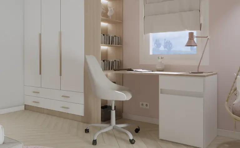 Wnętrze gabinetu z białymi meblami i różowymi detalami, styl minimalistyczny.