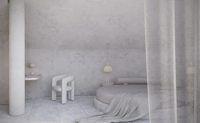 Minimalistyczna sypialnia w stylu japandi z szarymi ścianami i nowoczesnymi meblami.
