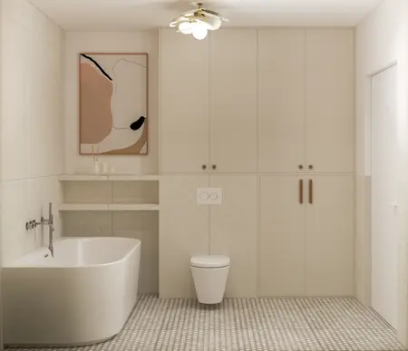 Wnętrze łazienki w stylu eklektycznym z minimalistycznymi meblami