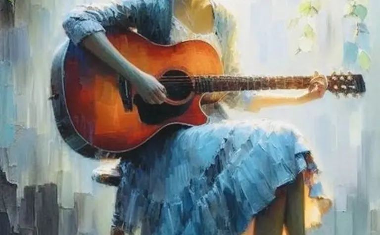 Kobieta grająca na gitarze w plenerze, art deco, eklektyczny, glamour, industrialny, nowoczesny, soft minimalizm, vintage, współczesny