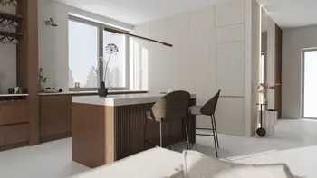 Eklektyczne wnętrze kuchni z minimalistycznymi meblami, jasnymi akcentami i roślinami.