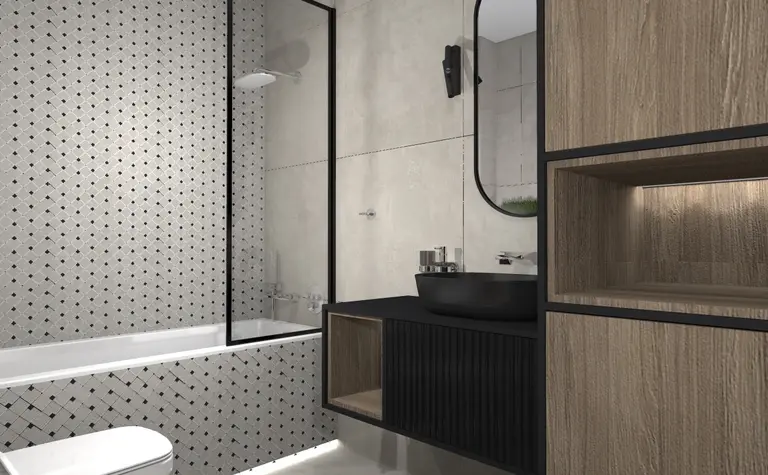 Łazienka w stylu industrialnym z minimalistycznymi meblami, skandynawskim designem i nowoczesnymi akcentami.