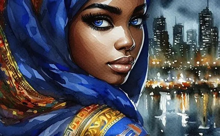 Portret kobiety w niebieskim hijabie, art deco, eklektyczny, glamour, industrialny, nowoczesny, soft minimalizm, vintage, współczesny.