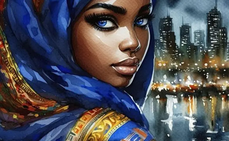 Portret kobiety w niebieskim hijabie, art deco, eklektyczny, glamour, industrialny, nowoczesny, soft minimalizm, vintage, współczesny.