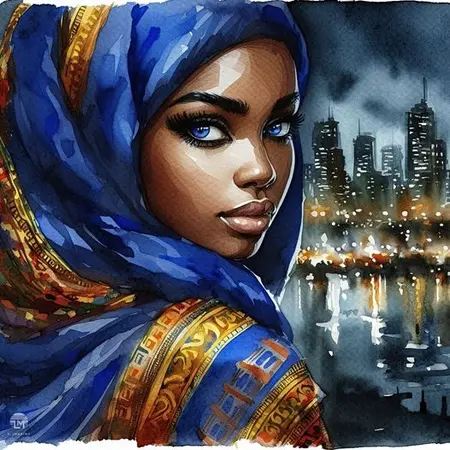 Portret kobiety w niebieskim hijabie, art deco, eklektyczny, glamour, industrialny, nowoczesny, soft minimalizm, vintage, współczesny.