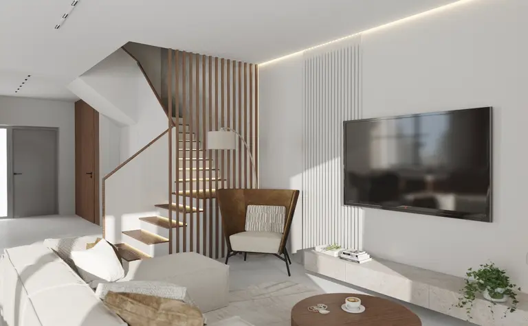 Wnętrze salonu w stylu eklektycznym z minimalistycznym akcentem, nowoczesne meble i rośliny.