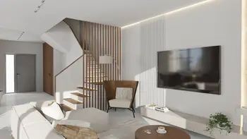 Wnętrze salonu w stylu eklektycznym z minimalistycznym akcentem, nowoczesne meble i rośliny.