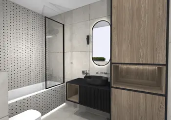 Nowoczesna łazienka z szarymi płytkami, drewnianymi meblami i minimalistycznym designem.