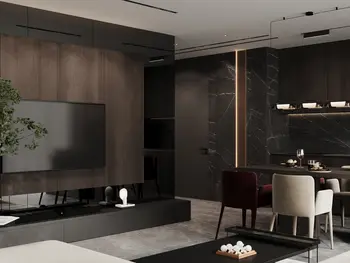 Nowoczesne wnętrze z drewnianą ścianą, minimalistycznym wystrojem i eleganckim oświetleniem.