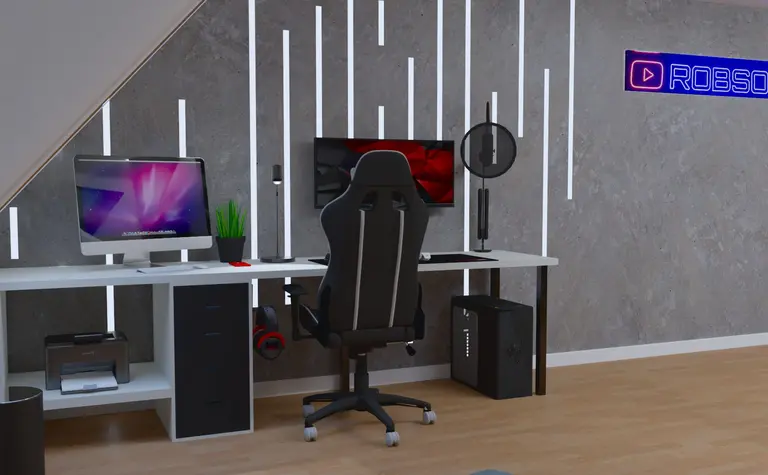 Gabinet w stylu soft minimalizm z biurkiem i nowoczesnym komputerem.