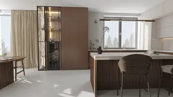 Wnętrze kuchni w stylu eklektycznym z drewnianymi meblami i minimalistycznymi detalami.