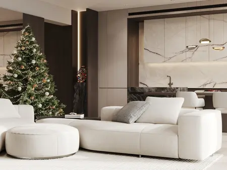 Wnętrze salonu z białą sofą, choinką, art deco i glamour.