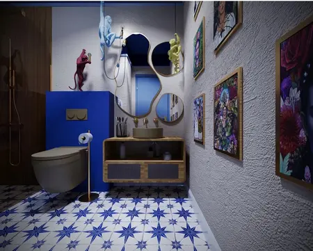Wnętrze łazienki w stylu art deco z niebieskimi akcentami i drewnianymi elementami