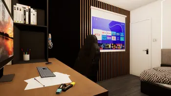 Wnętrze gabinetu z minimalistycznym biurkiem i nowoczesnym telewizorem