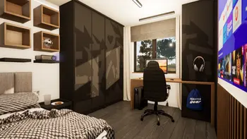 Wnętrze pokoju z biurkiem, czarnymi meblami i minimalistycznymi detalami w stylu skandynawskim.