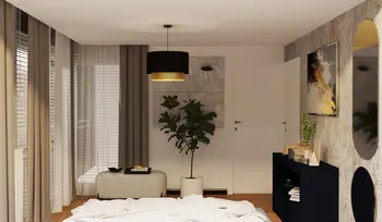 Salon w stylu soft minimalizm z nowoczesnym oświetleniem i roślinami.