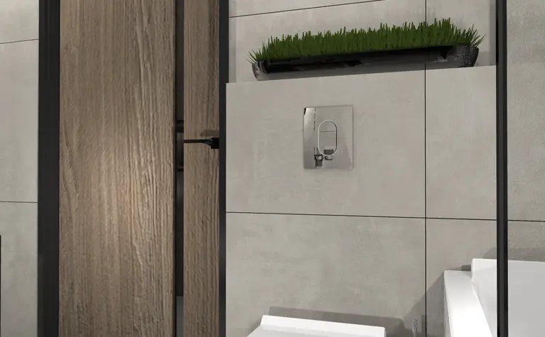 Wnętrze łazienki w stylu industrialnym z minimalistycznymi akcentami i nowoczesnymi detalami.