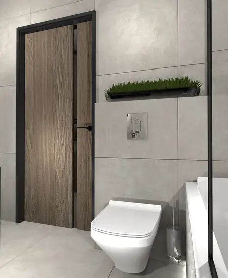 Wnętrze łazienki w stylu industrialnym z minimalistycznymi akcentami i nowoczesnymi detalami.