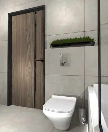 Wnętrze łazienki w stylu industrialnym z minimalistycznymi akcentami i nowoczesnymi detalami.