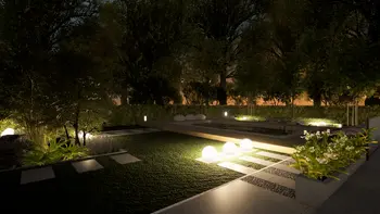 Ogród z nowoczesnym oświetleniem i skandynawskim stylem roślinności.