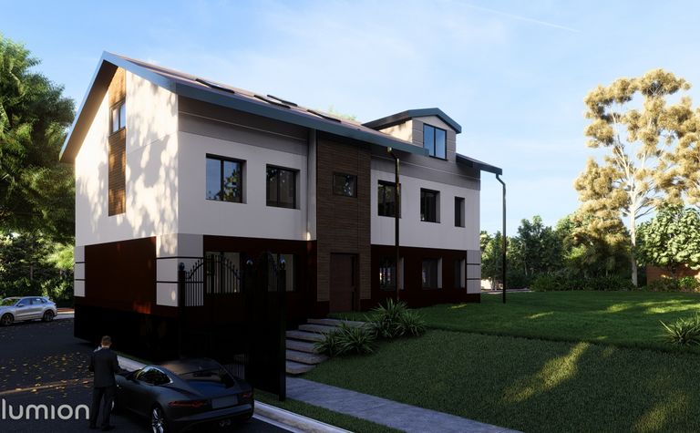 Nowoczesny dom jednorodzinny z brązowymi i białymi detalami, otoczony zielenią.