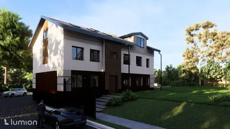 Nowoczesny dom jednorodzinny z brązowymi i białymi detalami, otoczony zielenią.