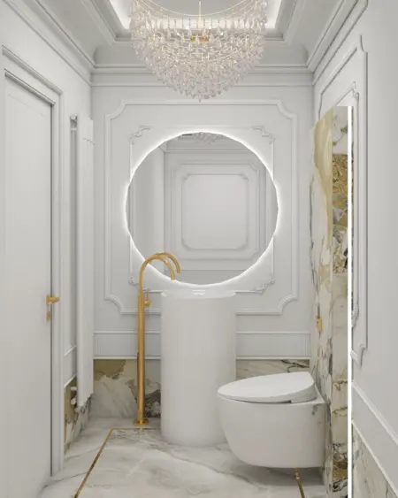 Elegancka łazienka glamour z białą umywalką, złotymi detalami i nowoczesnym wystrojem.