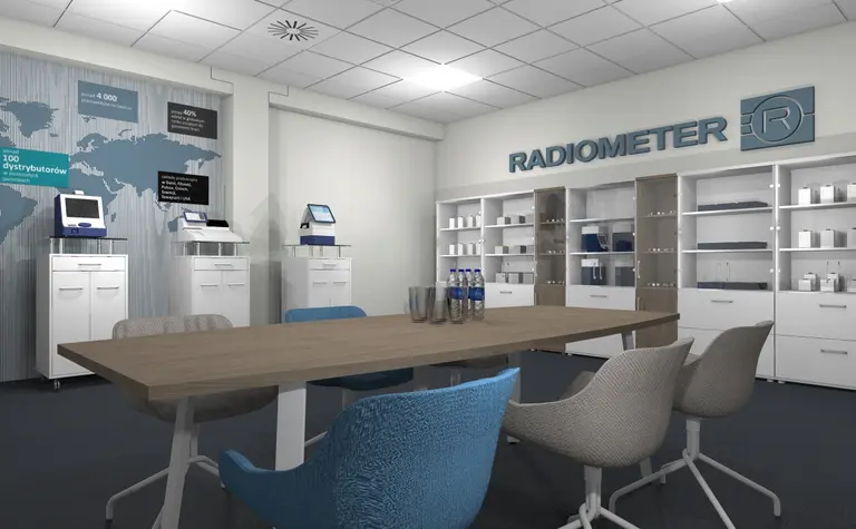 Biuro z industrialnym i minimalistycznym wystrojem, białe meble i nowoczesne urządzenia.