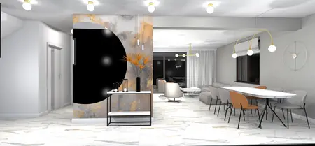 Wnętrze z elementami art deco i minimaluxe, czarna ściana, jasne meble, nowoczesne oświetlenie.