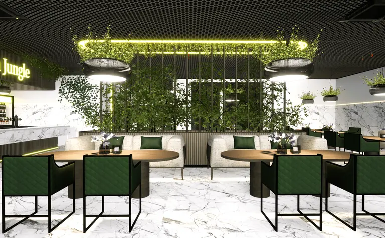 Wnętrze restauracji z zielonymi roślinami i marmurowymi meblami, styl nowoczesny.