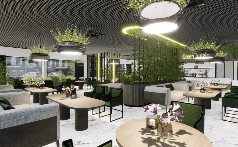 Wnętrze restauracji z białymi meblami, zielonymi roślinami i nowoczesnym wystrojem.