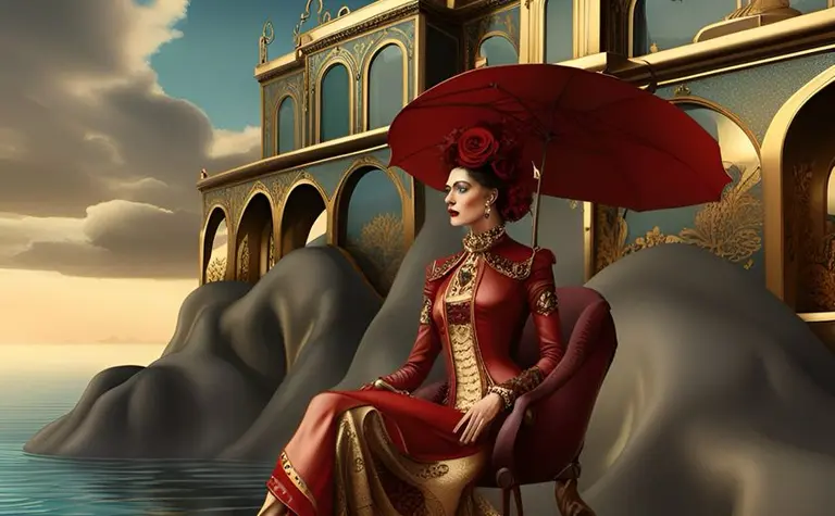 Kobieta w eleganckiej sukni na tle architektury art deco, glamour i vintage.
