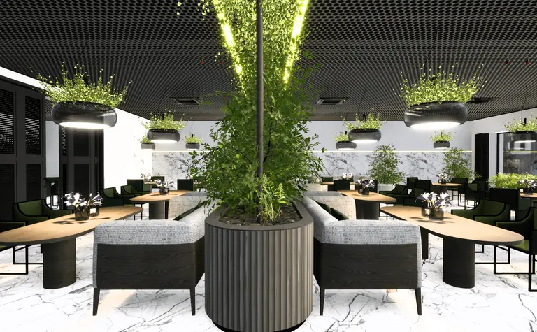 Wnętrze restauracji z zielonymi roślinami i marmurowymi elementami, nowoczesny design.