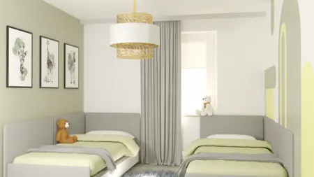 Pokój dziecięcy z minimalistycznym wystrojem, jasnymi łóżkami i dekoracjami w stylu współczesnym.