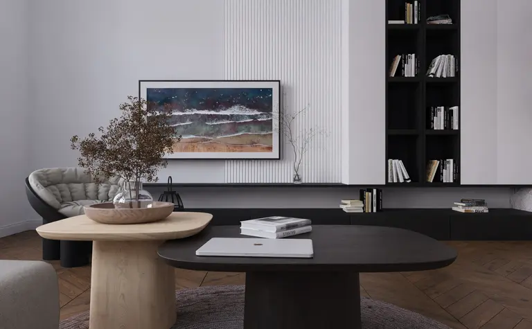 Wnętrze salonu z minimalistycznym i skandynawskim stylem, drewniane meble, stonowane kolory.